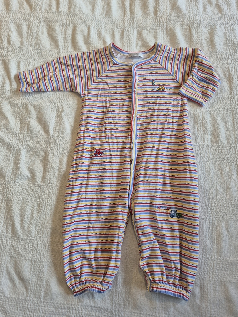Kissy Kissy boys size Small striped romper with embroidered vehicles VGUC